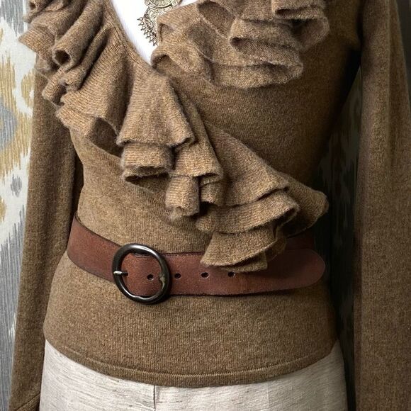 Ralph Lauren Toffee Melange Cashmere Knit Ruffled Wrap-Around L/S Sweater - Picture 2 of 16